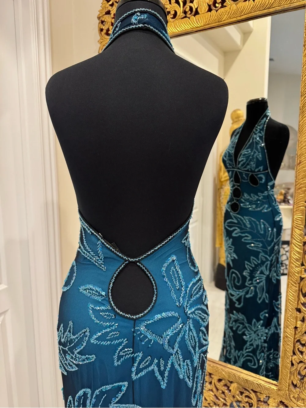 Elegant blue lining‎ w/black net overlay hand beaded Halter Evening Gown stretch